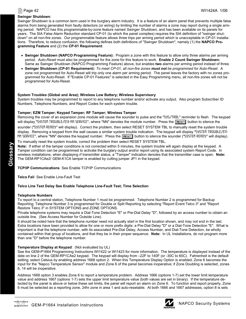 Gl oss ar y | Napco Security Technologies GEM-P1664 User Manual | Page 42 / 60
