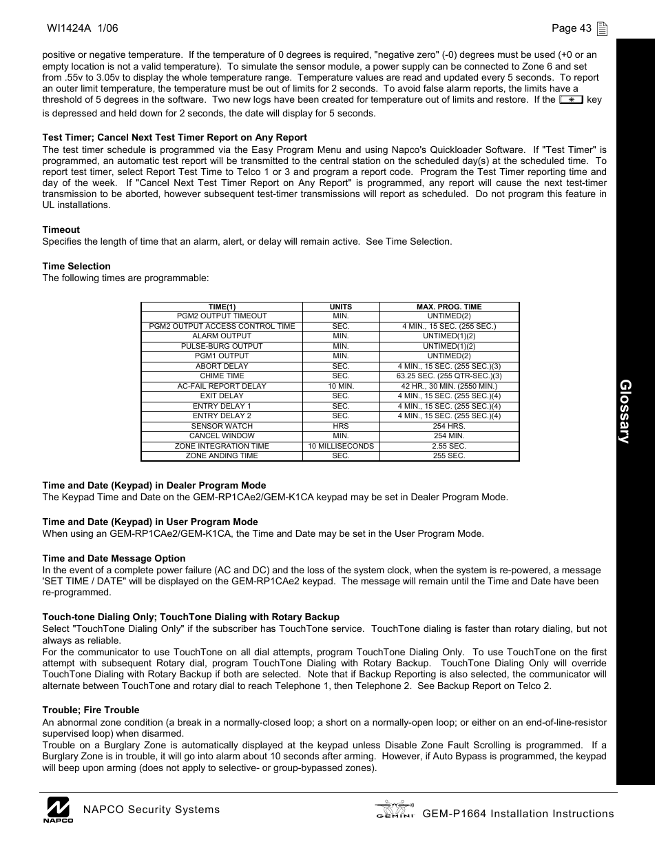 Glossar y | Napco Security Technologies GEM-P1664 User Manual | Page 43 / 60