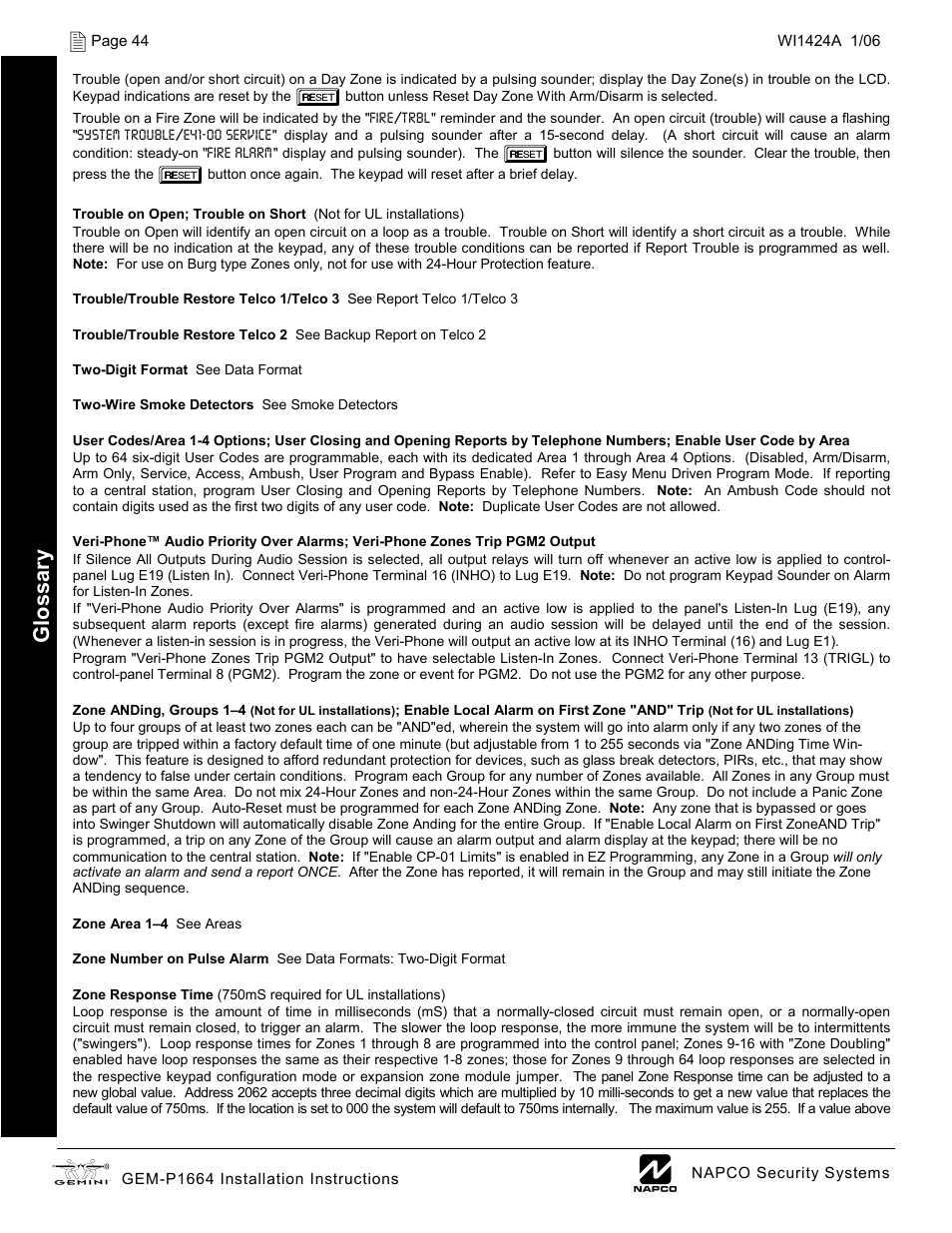 Gl oss ar y | Napco Security Technologies GEM-P1664 User Manual | Page 44 / 60