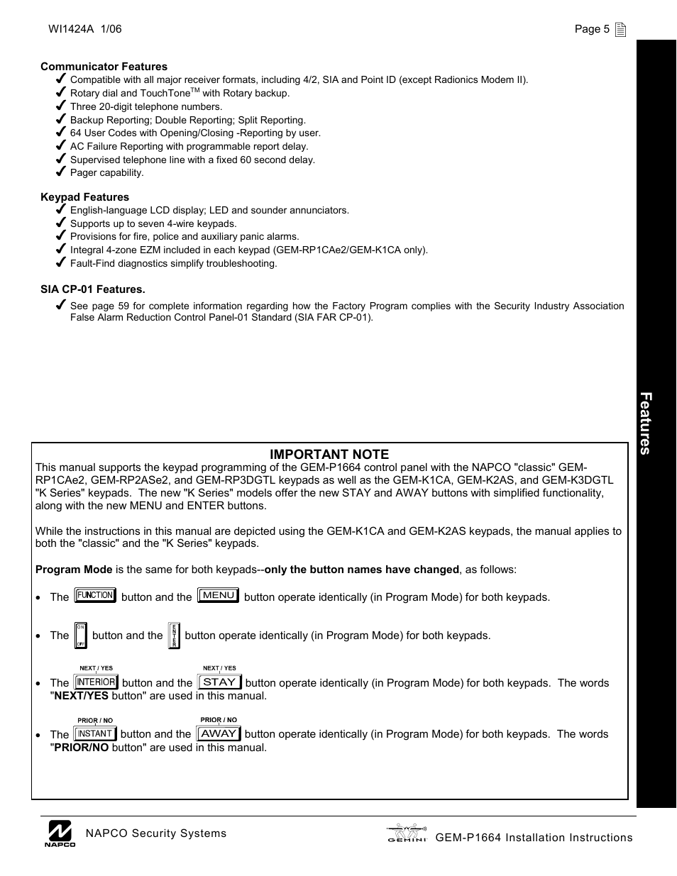 Features | Napco Security Technologies GEM-P1664 User Manual | Page 5 / 60