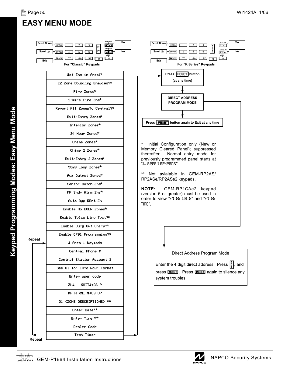 Easy menu mode, Ke yp ad pr ogr ammi ng modes : eas y me nu mode | Napco Security Technologies GEM-P1664 User Manual | Page 50 / 60
