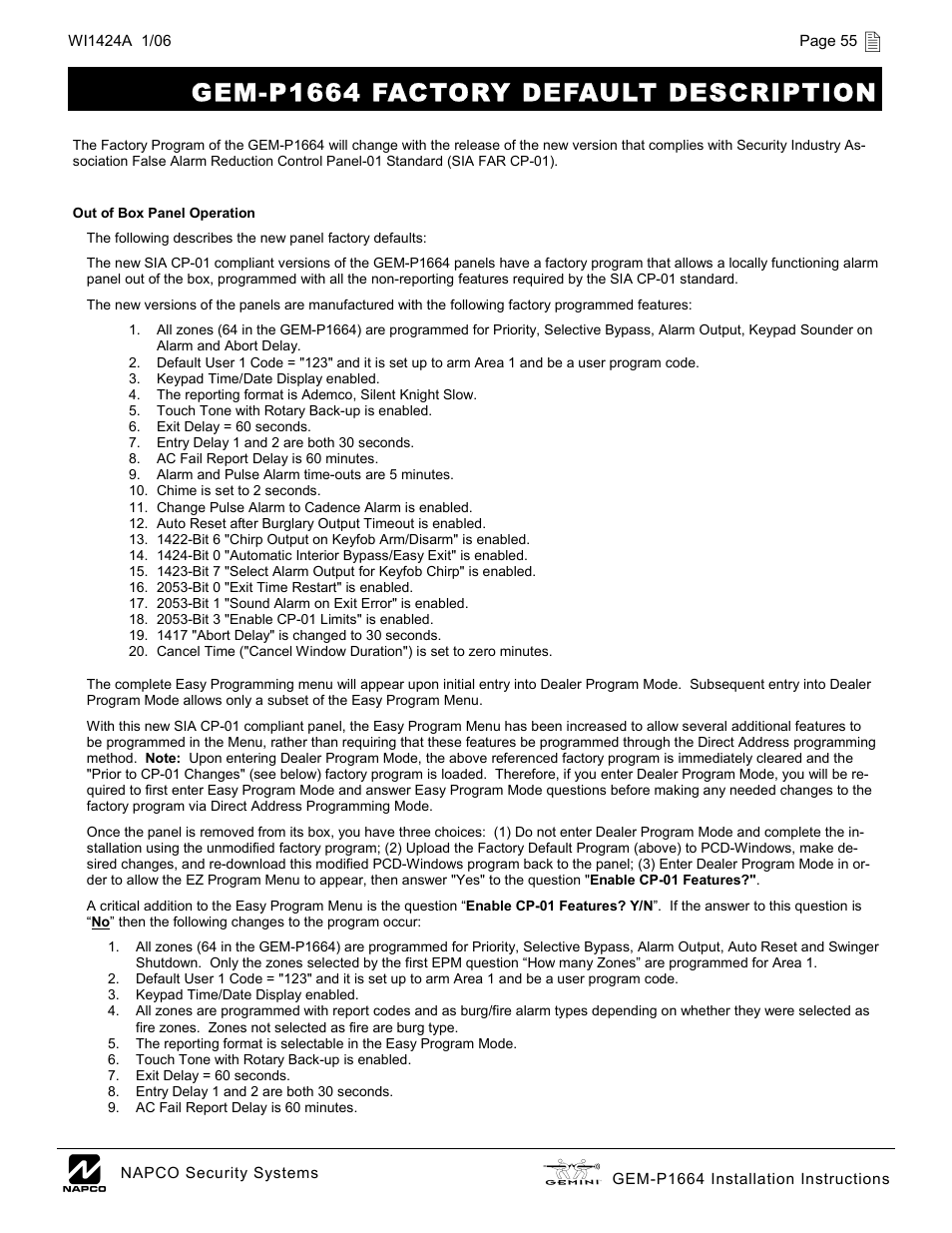 Gem-p1664 factory default description | Napco Security Technologies GEM-P1664 User Manual | Page 55 / 60