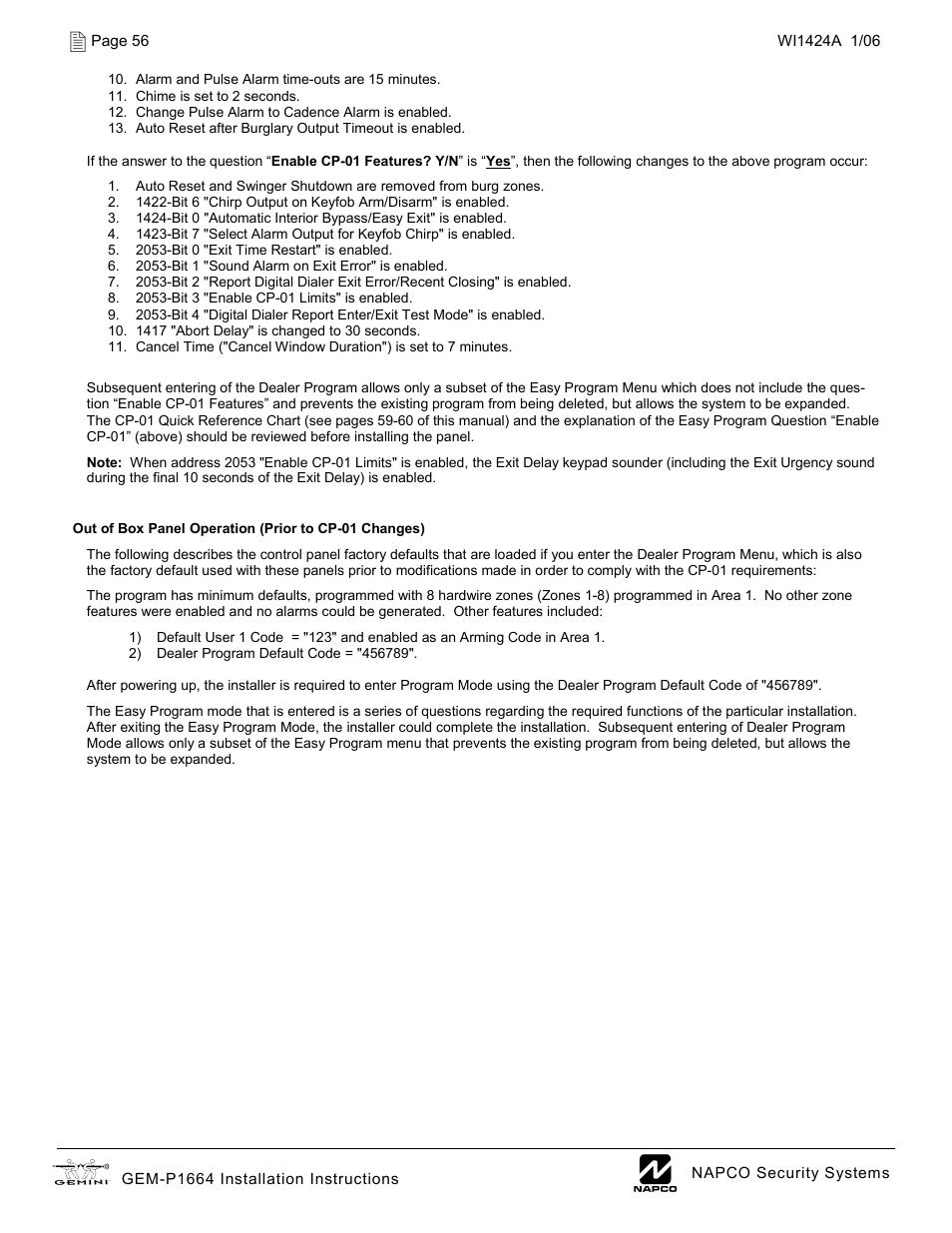 Napco Security Technologies GEM-P1664 User Manual | Page 56 / 60