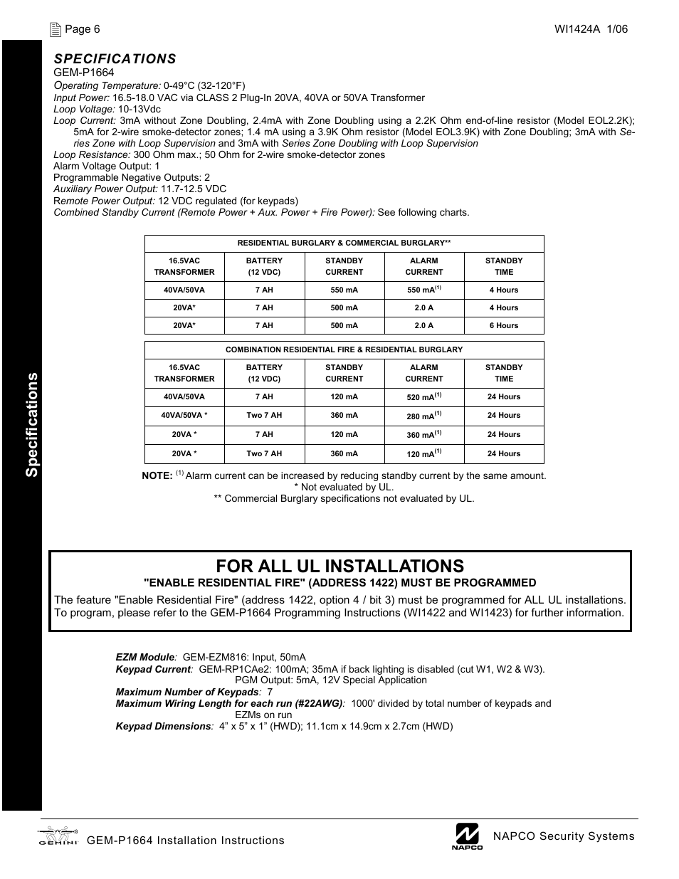 For all ul installations, Specifications | Napco Security Technologies GEM-P1664 User Manual | Page 6 / 60