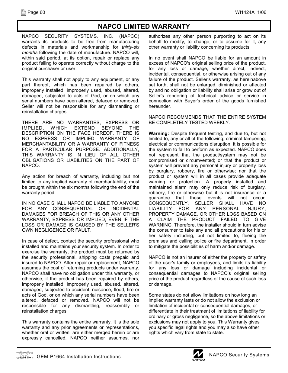 Napco Security Technologies GEM-P1664 User Manual | Page 60 / 60