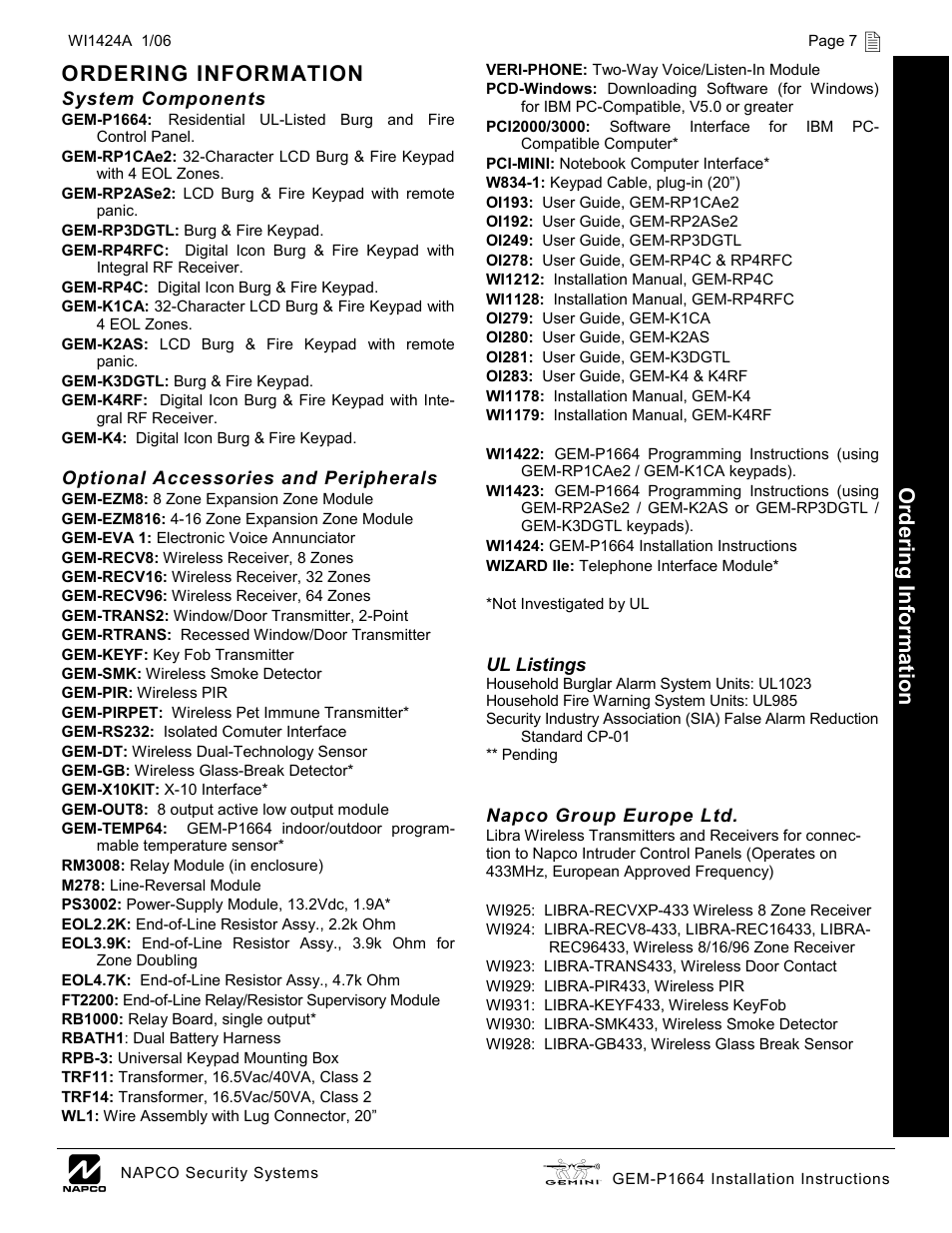 Ordering information, Order ing informati on | Napco Security Technologies GEM-P1664 User Manual | Page 7 / 60
