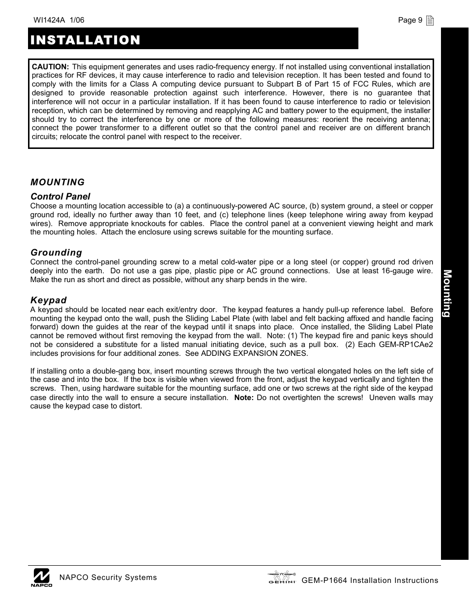 Installation | Napco Security Technologies GEM-P1664 User Manual | Page 9 / 60