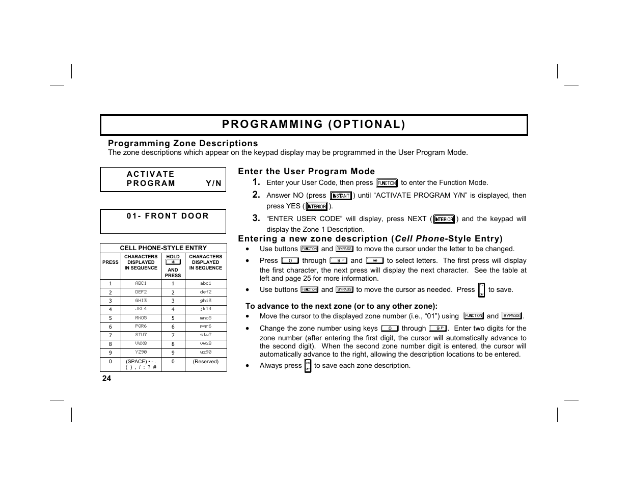 Enter the user program mode, Programming zone descriptions | Napco Security Technologies GEM-DXRP1 User Manual | Page 24 / 40