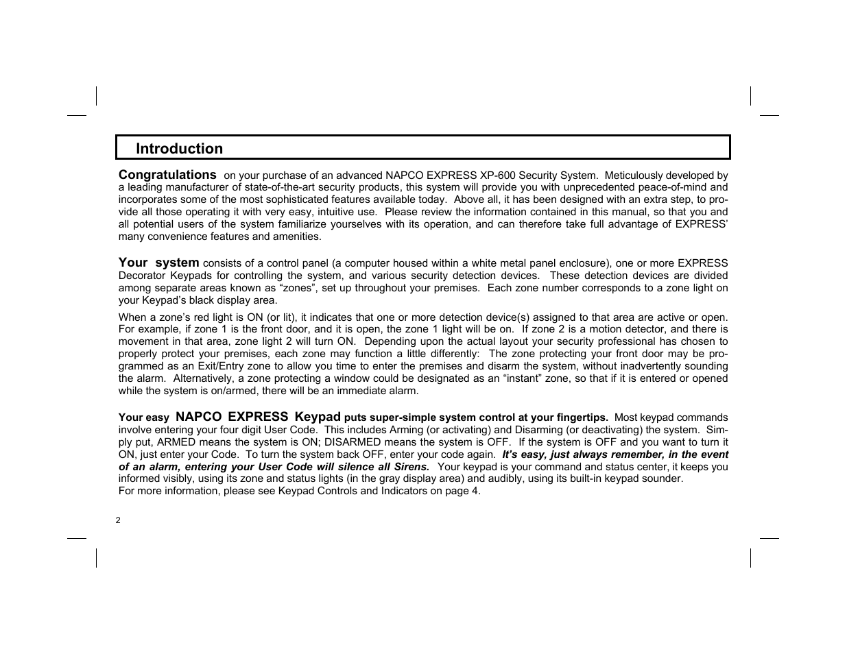Introduction | Napco Security Technologies NAPCO EXPRESS XP-600 User Manual | Page 2 / 16