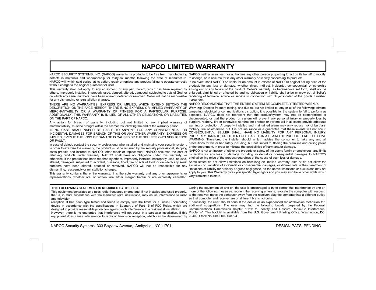 Napco limited warranty | Napco Security Technologies GEM-DXRP3 User Manual | Page 32 / 32
