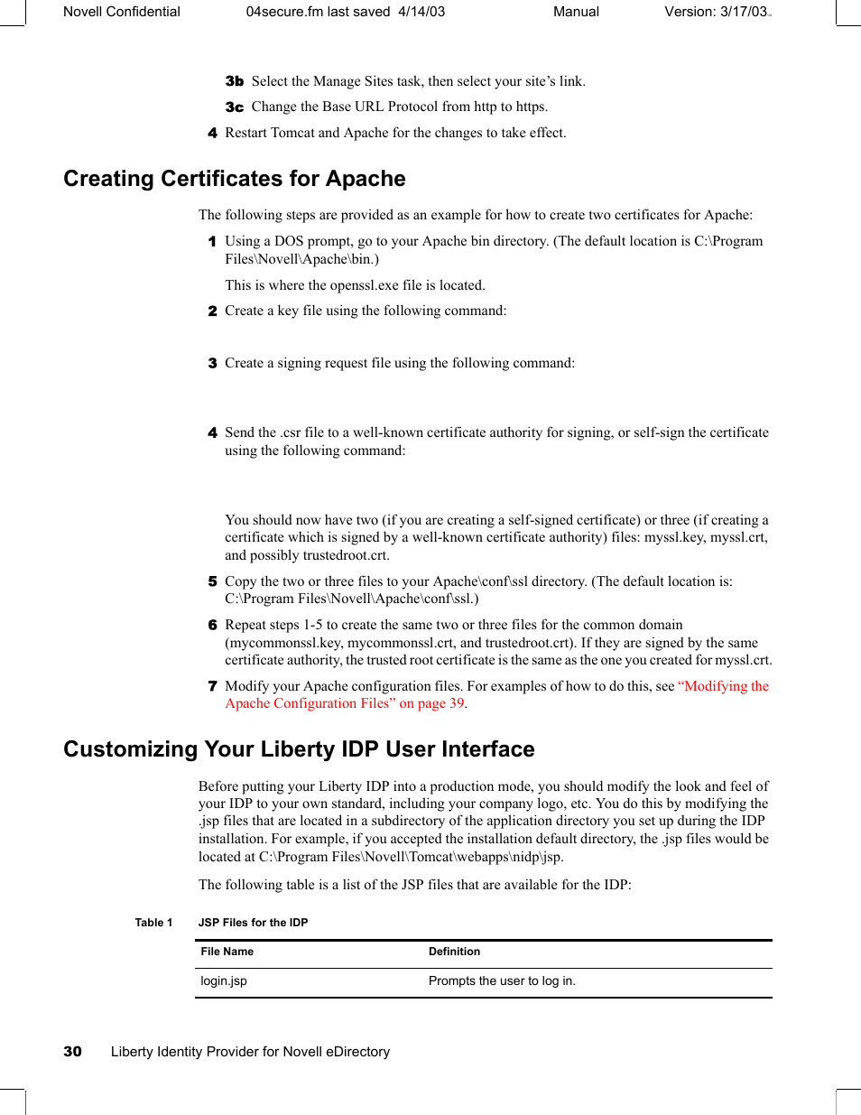 Creating certificates for apache, Customizing your liberty idp user interface | Novell eBook Reader User Manual | Page 34 / 52