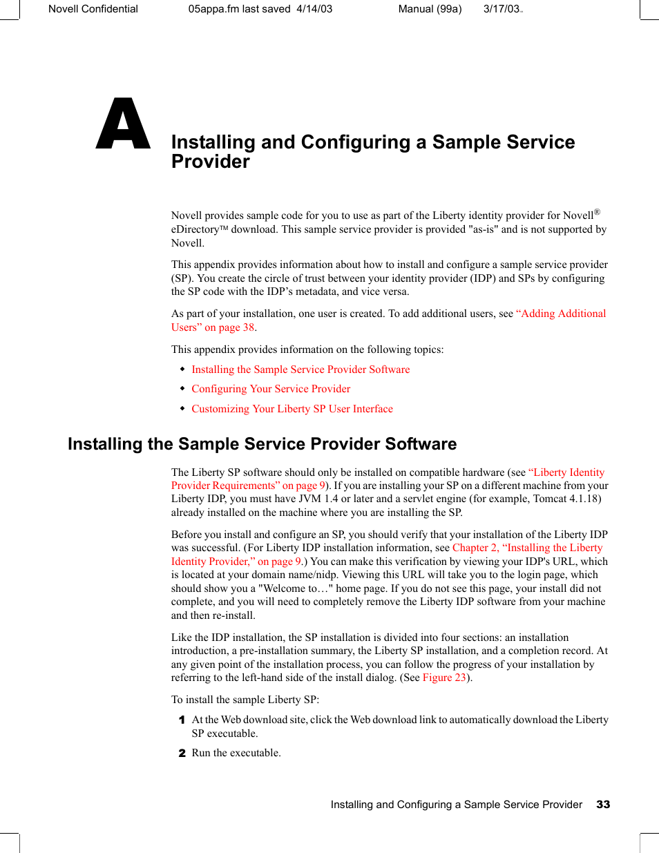 Installing the sample service provider software, Appendix a, “installing and configuring a | Novell eBook Reader User Manual | Page 37 / 52