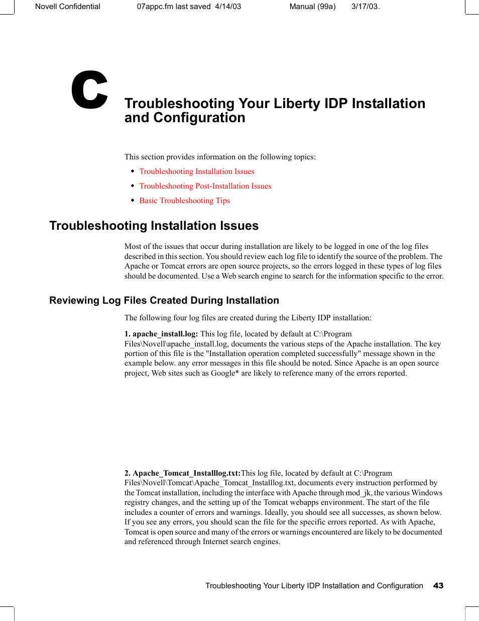 Troubleshooting installation issues, Reviewing log files created during installation | Novell eBook Reader User Manual | Page 47 / 52