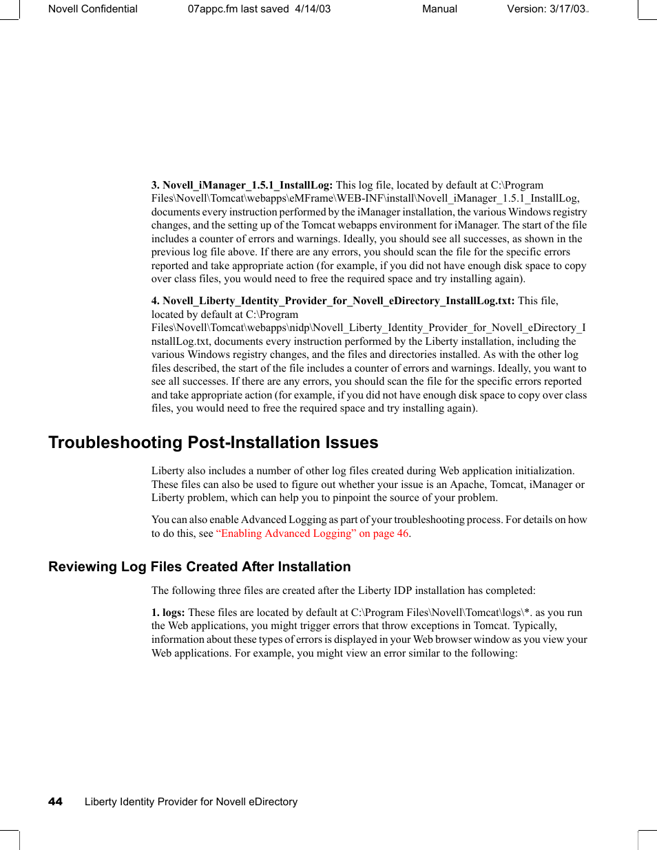 Troubleshooting post-installation issues, Reviewing log files created after installation | Novell eBook Reader User Manual | Page 48 / 52
