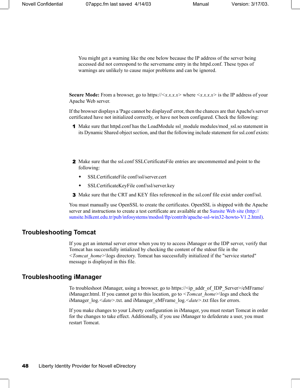 Troubleshooting tomcat, Troubleshooting imanager, Troubleshooting tomcat troubleshooting imanager | Novell eBook Reader User Manual | Page 52 / 52