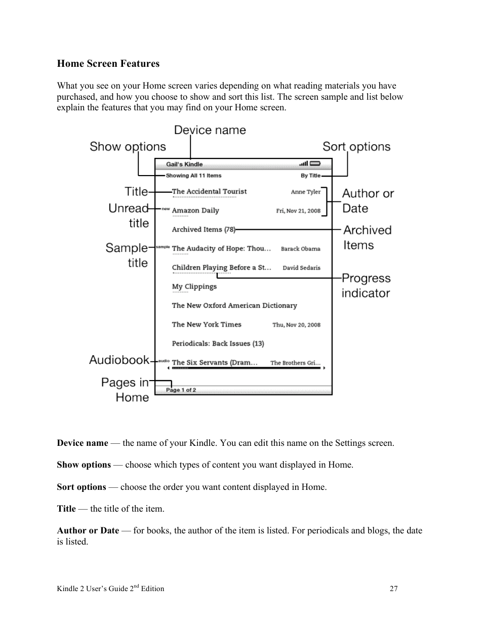 Home screen features | Nuance comm KINDLE 2 User Manual | Page 27 / 99