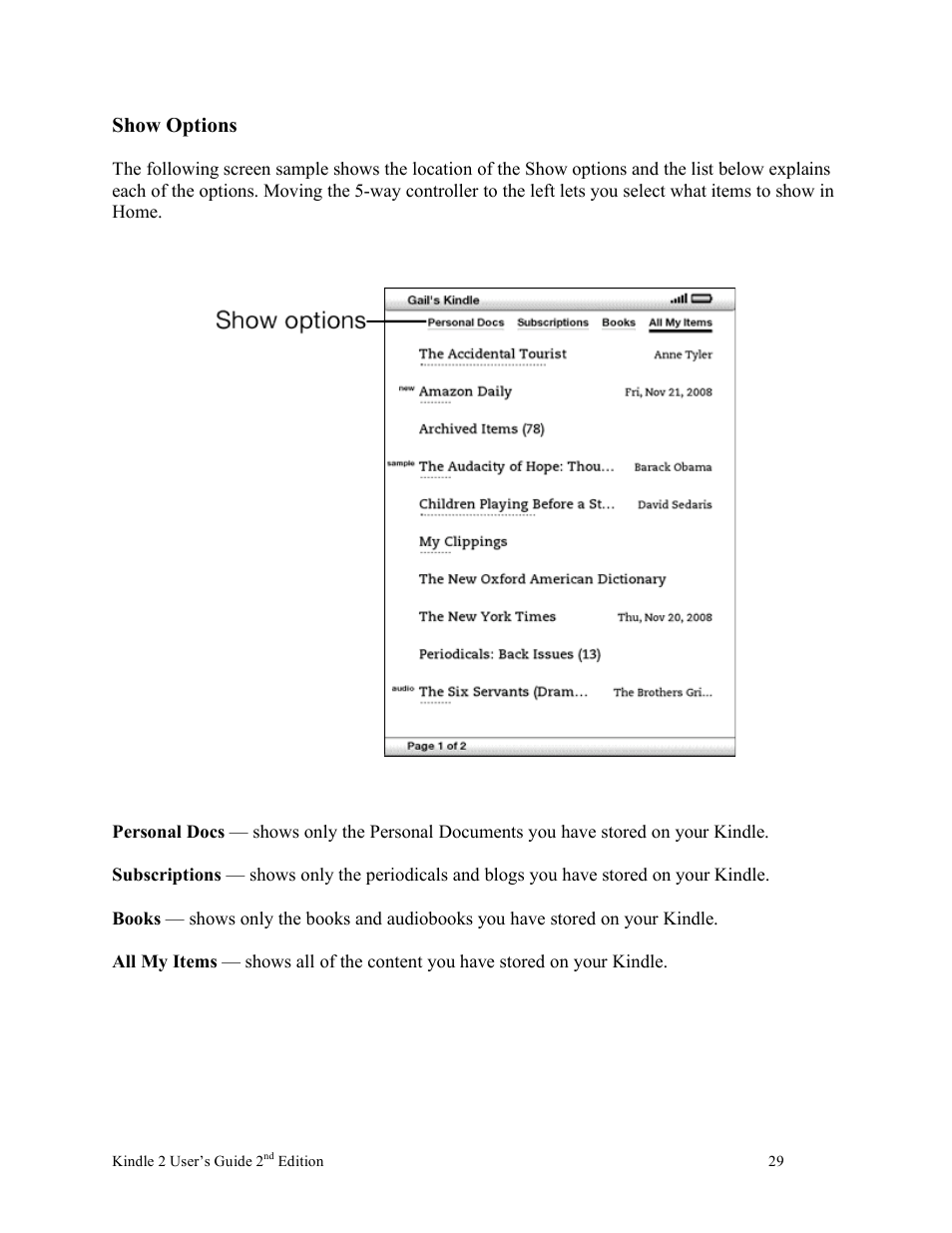 Show options | Nuance comm KINDLE 2 User Manual | Page 29 / 99