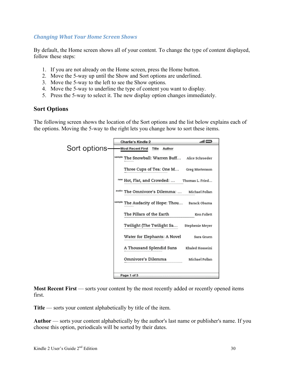 Sort options | Nuance comm KINDLE 2 User Manual | Page 30 / 99