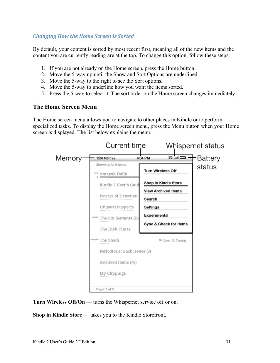 The home screen menu | Nuance comm KINDLE 2 User Manual | Page 31 / 99