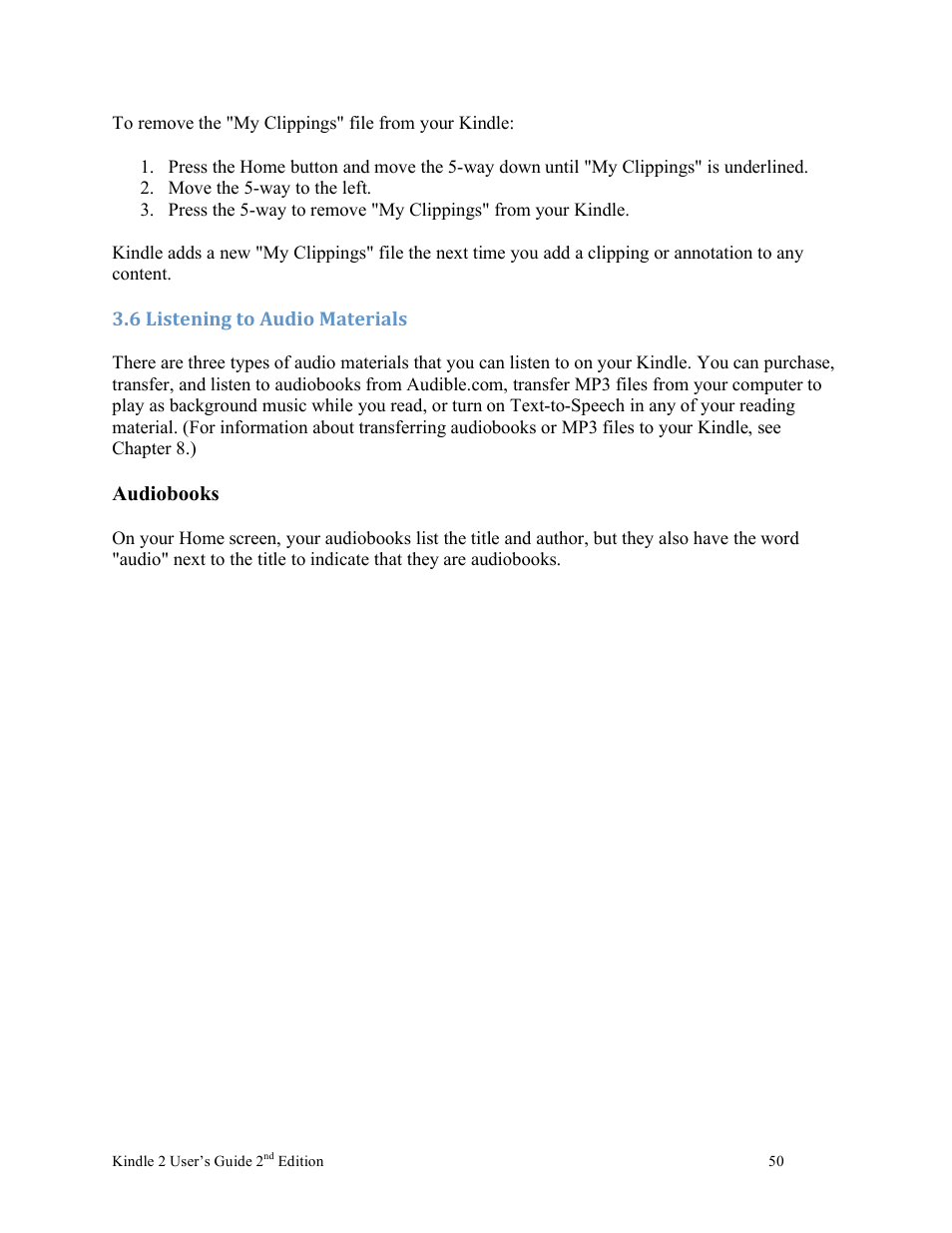 6 listening to audio materials, Audiobooks | Nuance comm KINDLE 2 User Manual | Page 50 / 99