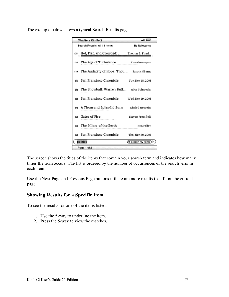 Showing results for a specific item | Nuance comm KINDLE 2 User Manual | Page 56 / 99