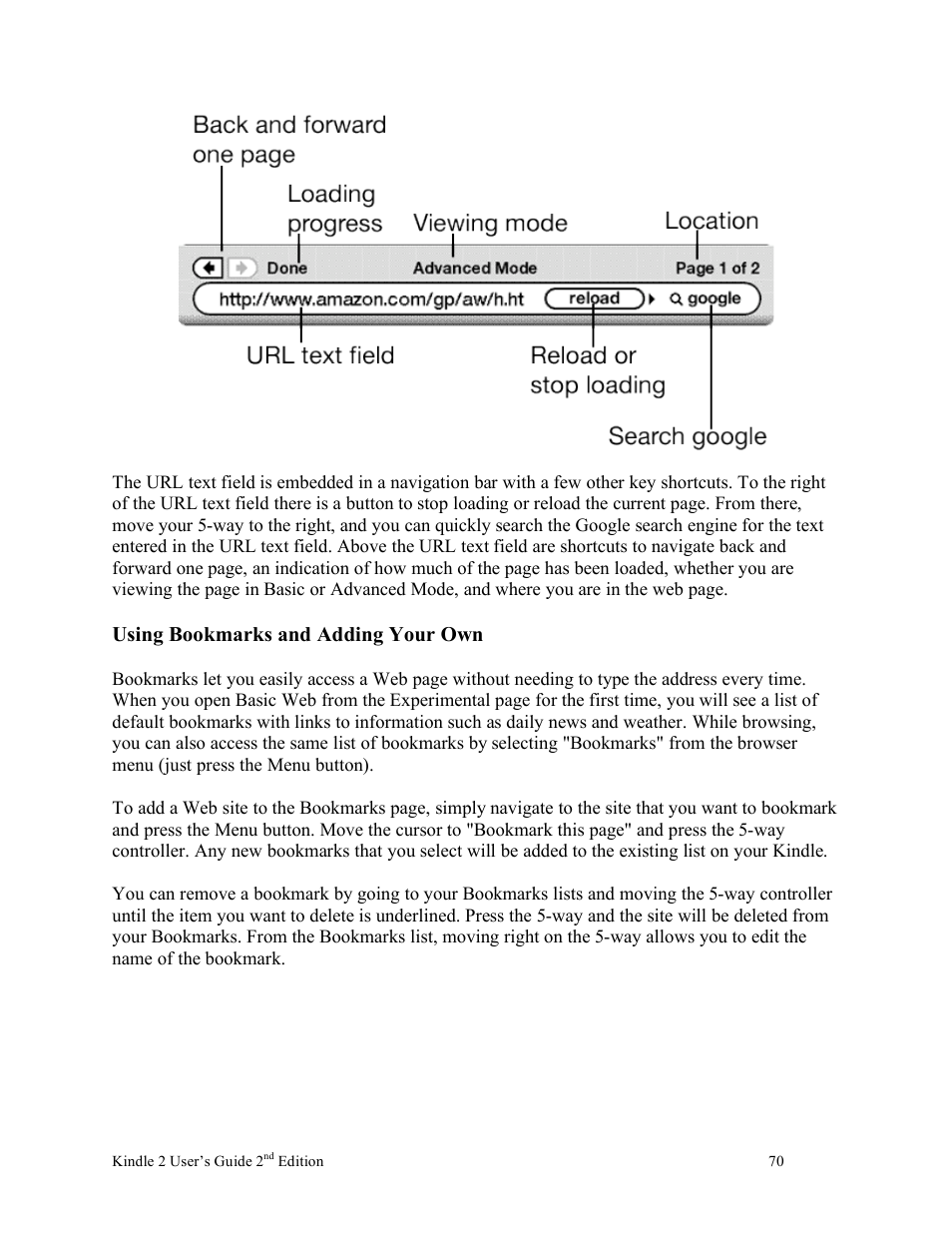 Using bookmarks and adding your own | Nuance comm KINDLE 2 User Manual | Page 70 / 99