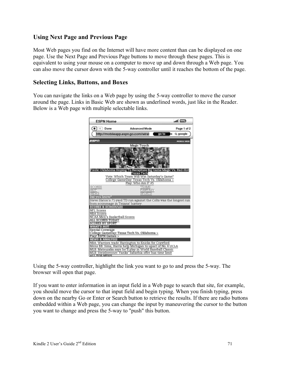 Using next page and previous page, Selecting links, buttons, and boxes | Nuance comm KINDLE 2 User Manual | Page 71 / 99