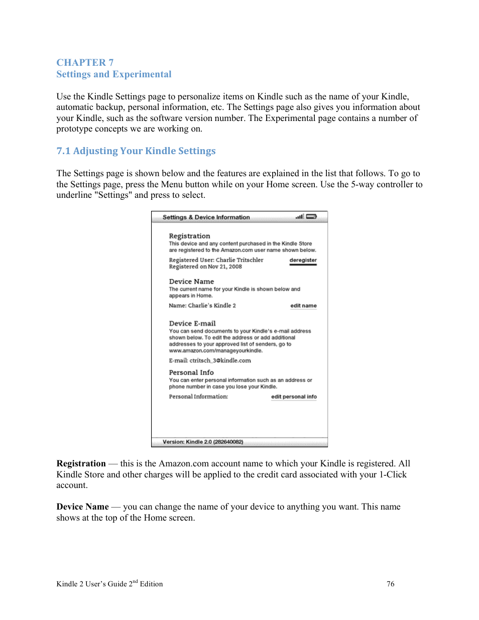 Chapter 7 settings and experimental, 1 adjusting your kindle settings | Nuance comm KINDLE 2 User Manual | Page 76 / 99