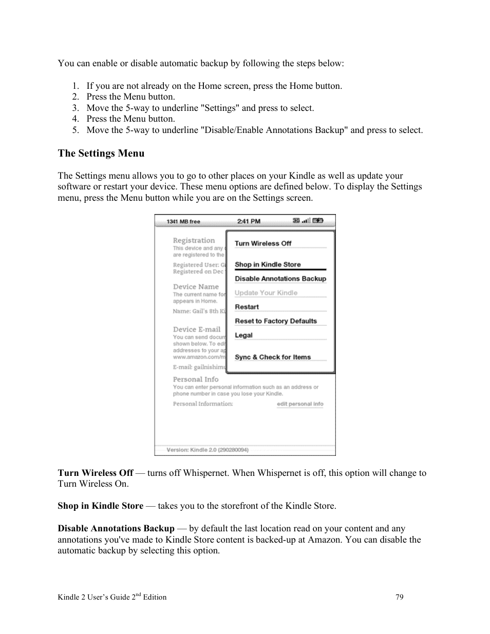 The settings menu | Nuance comm KINDLE 2 User Manual | Page 79 / 99