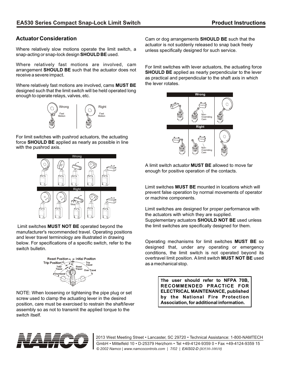 Ea530 series compact snap-lock limit switch, Product instructions actuator consideration | NAMCO Bandai Games EA530 User Manual | Page 2 / 2