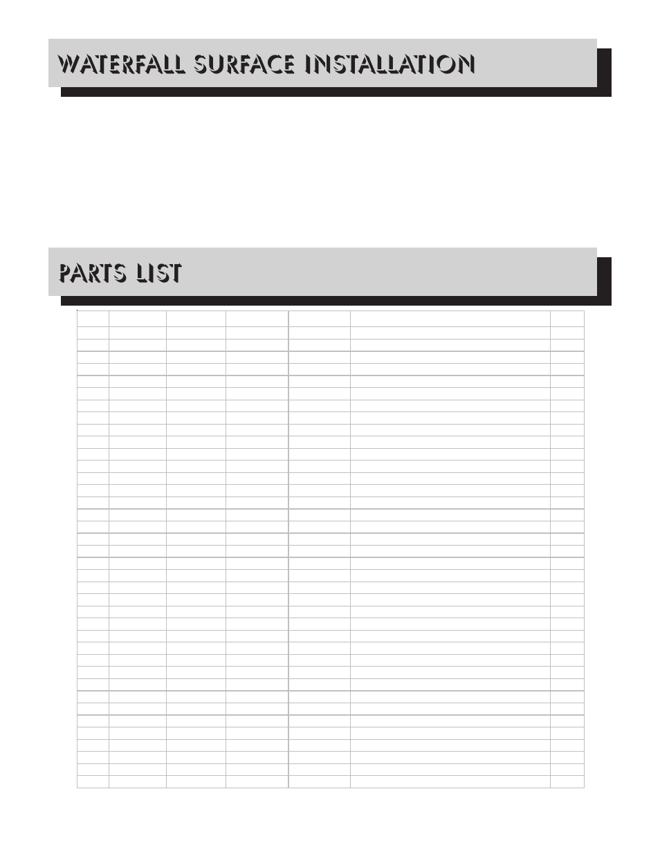 Parts list, Waterfall surface installation | Napoleon Grills WF9ST User Manual | Page 12 / 13