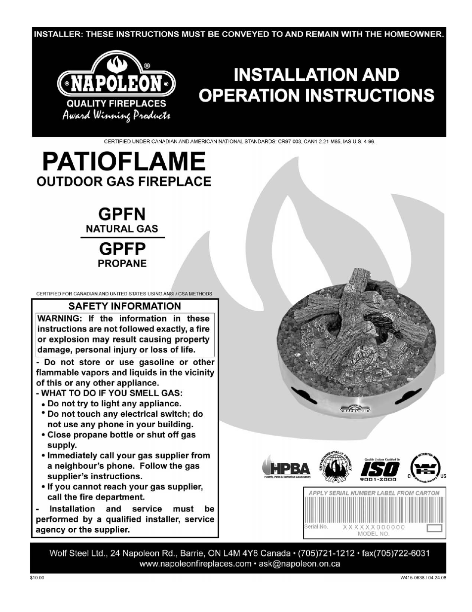 Napoleon Fireplaces Patioflame GPFN User Manual | 12 pages