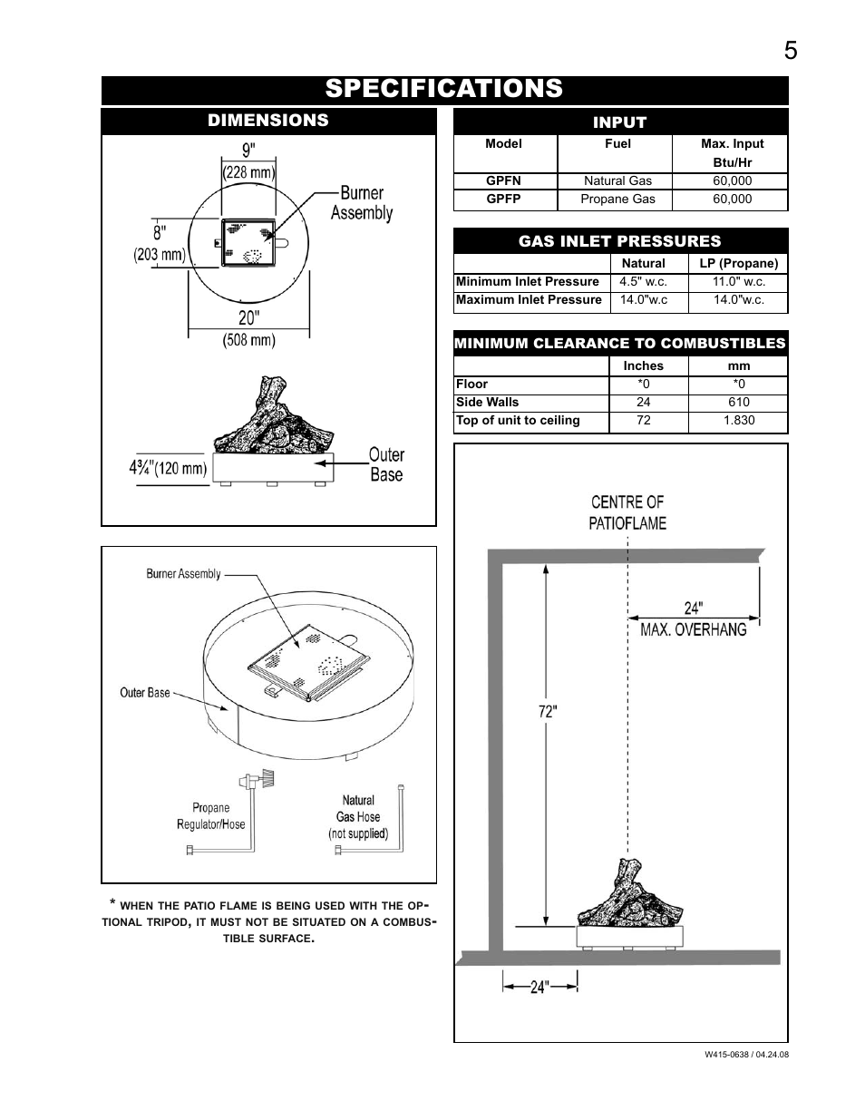 Specifications | Napoleon Fireplaces Patioflame GPFN User Manual | Page 5 / 12