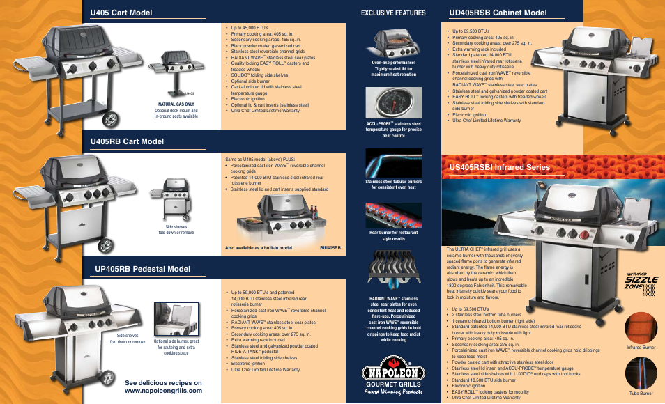 Up405rb pedestal model, Ud405rsb cabinet model, Us405rsbi infrared series | Exclusive features, New image | Napoleon Grills Ultra Chef Series User Manual | Page 2 / 2