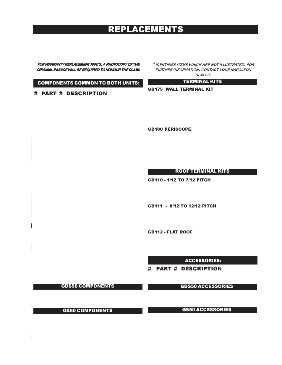 Replacements, Part # description, Gds50 components gs50 components | Accessories: gds50 accessories gs50 accessories | Napoleon Fireplaces GDS 50-N User Manual | Page 21 / 24