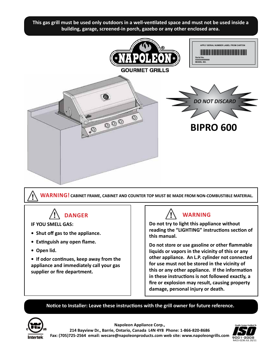 Napoleon Grills BIPRO 600 User Manual | 30 pages