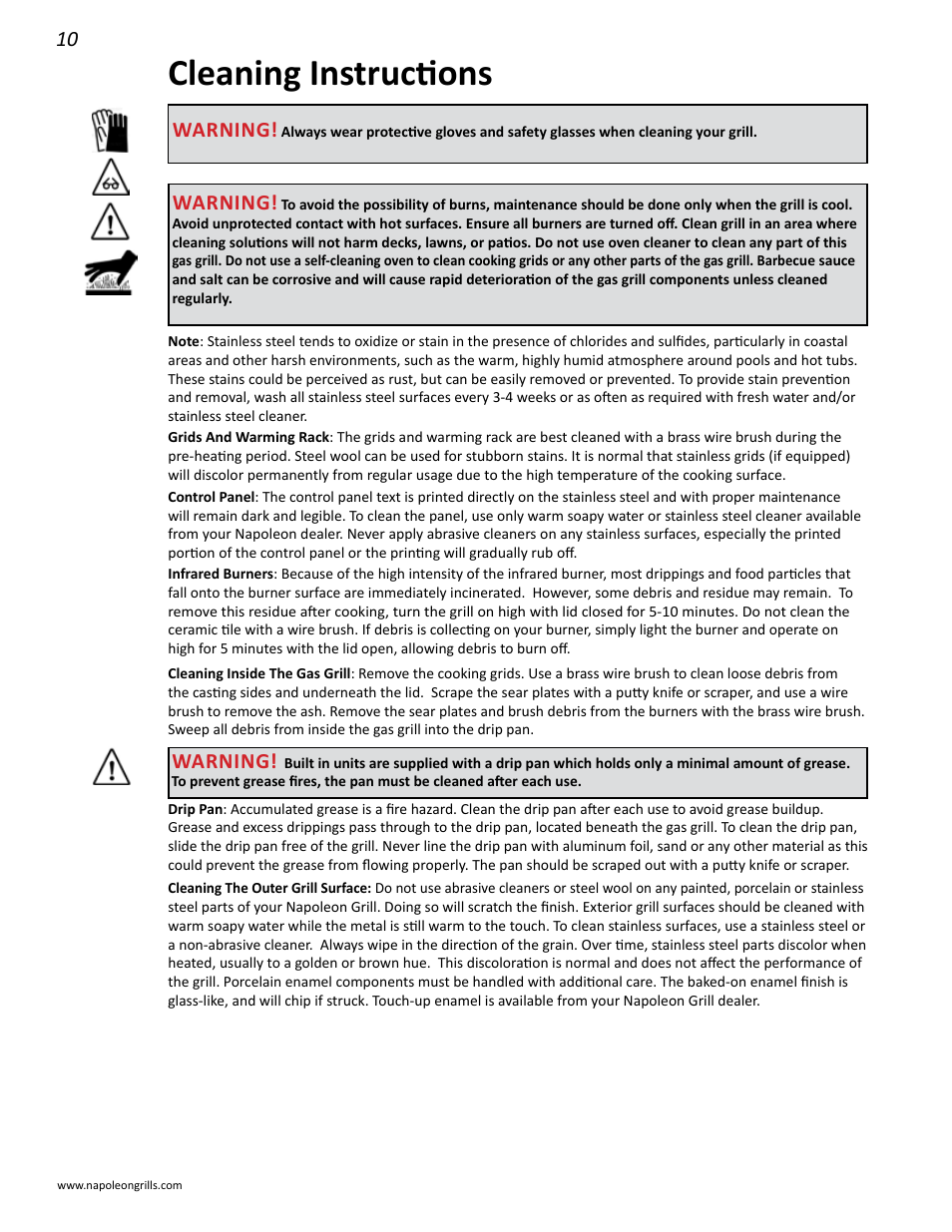Cleaning instructions, Warning | Napoleon Grills BIPRO 600 User Manual | Page 10 / 30