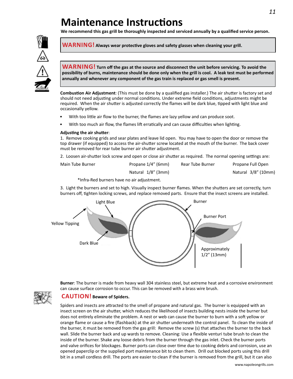 Maintenance instructions, Warning, Caution | Napoleon Grills BIPRO 600 User Manual | Page 11 / 30