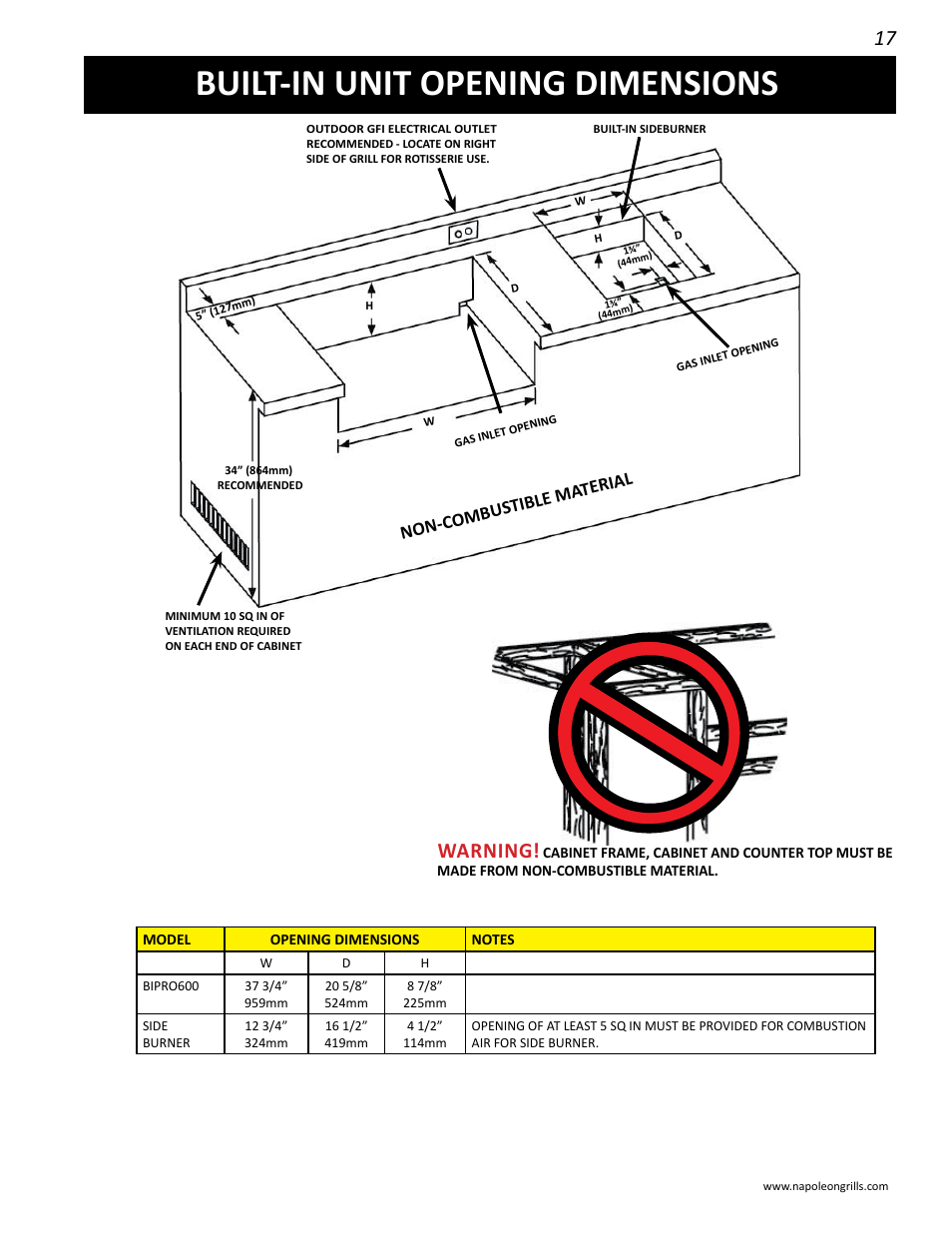 Built-in unit opening dimensions, Warning, Non-c ombus tible ma terial | Napoleon Grills BIPRO 600 User Manual | Page 17 / 30