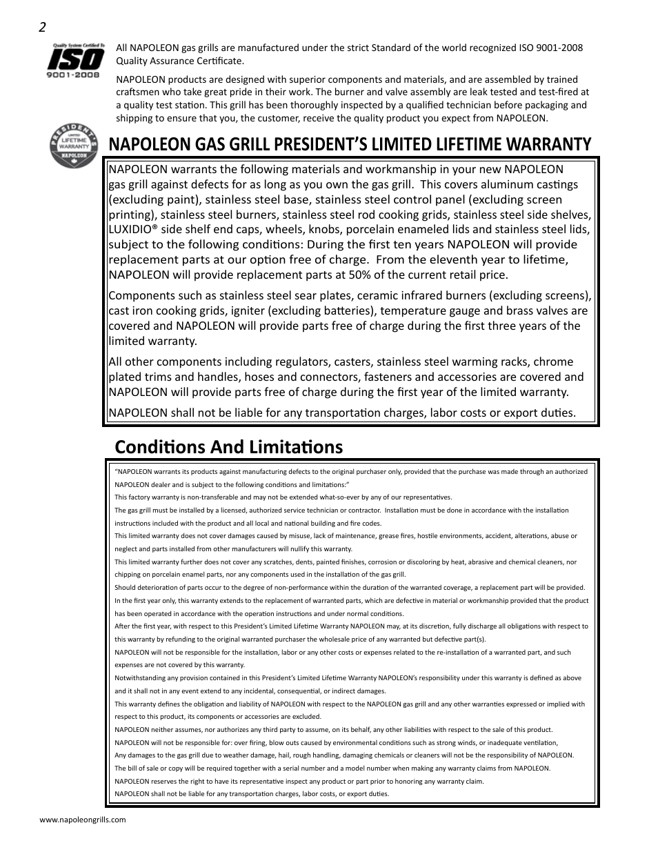 Conditions and limitations | Napoleon Grills BIPRO 600 User Manual | Page 2 / 30