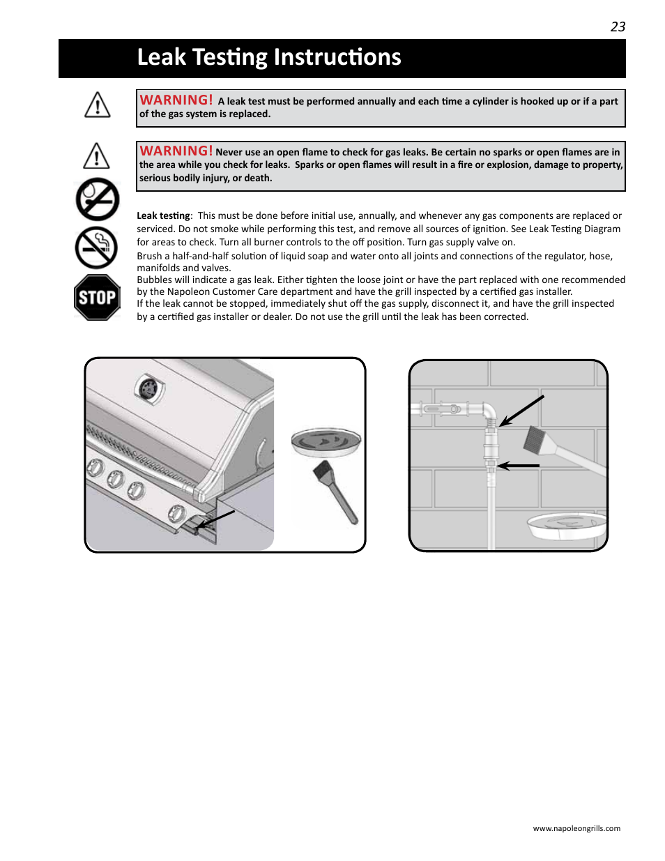 Leak testing instructions, Warning | Napoleon Grills BIPRO 600 User Manual | Page 23 / 30