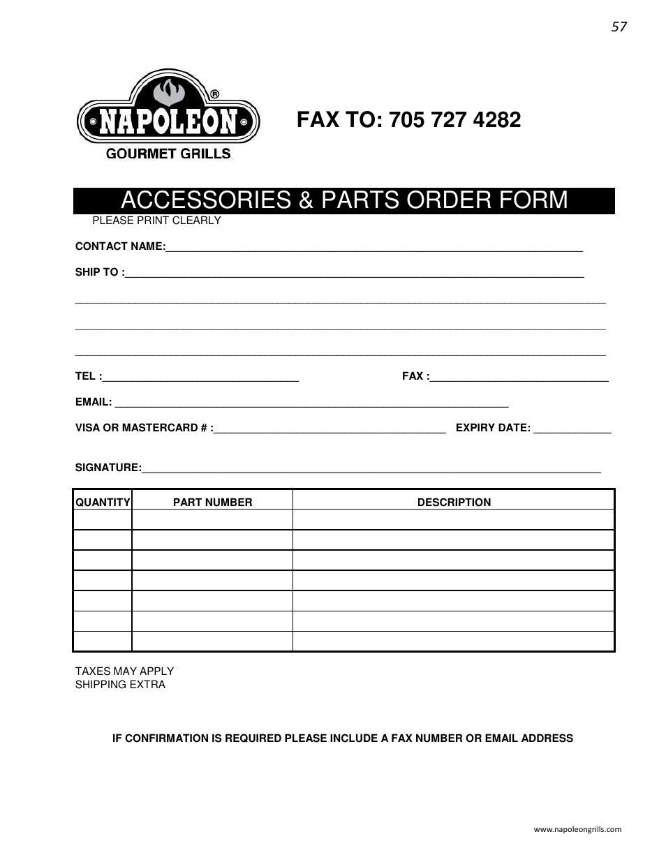Accessories & parts order form | Napoleon Grills BIPRO 600 User Manual | Page 28 / 30