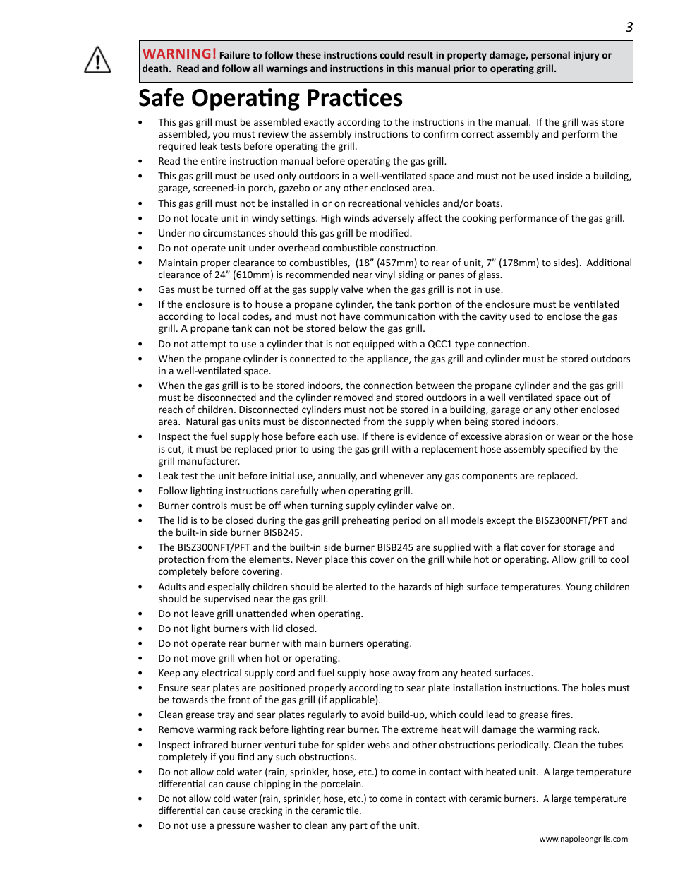 Safe operating practices, Warning | Napoleon Grills BIPRO 600 User Manual | Page 3 / 30