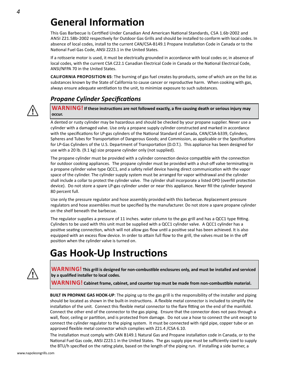 General information, Gas hook-up instructions, Propane cylinder specifications | Warning | Napoleon Grills BIPRO 600 User Manual | Page 4 / 30