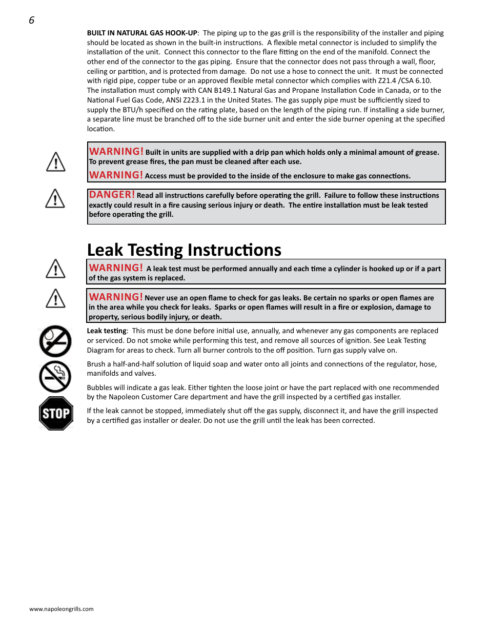 Leak testing instructions, Warning, Danger | Napoleon Grills BIPRO 600 User Manual | Page 6 / 30