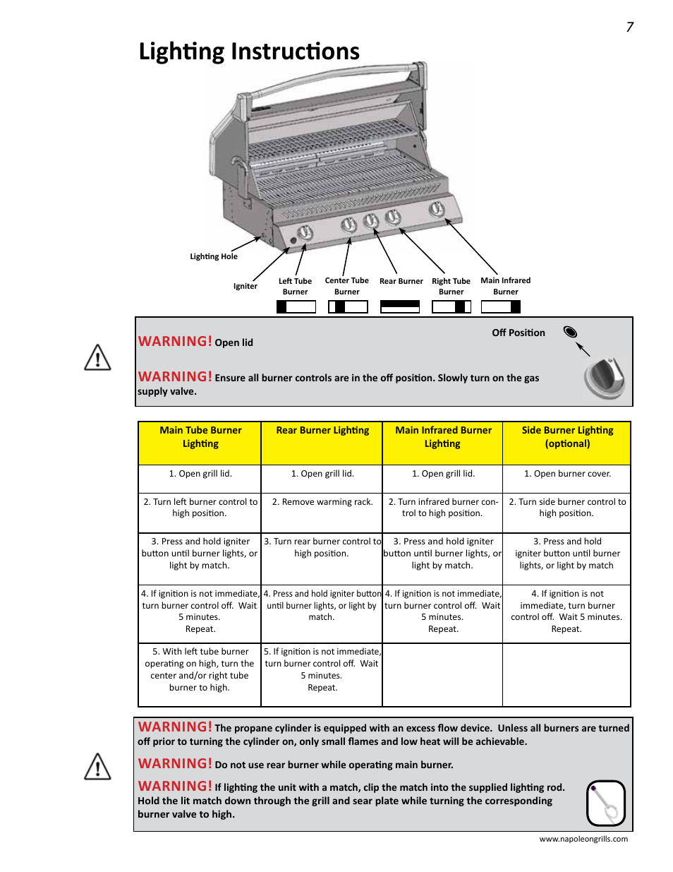 Lighting instructions, Warning | Napoleon Grills BIPRO 600 User Manual | Page 7 / 30