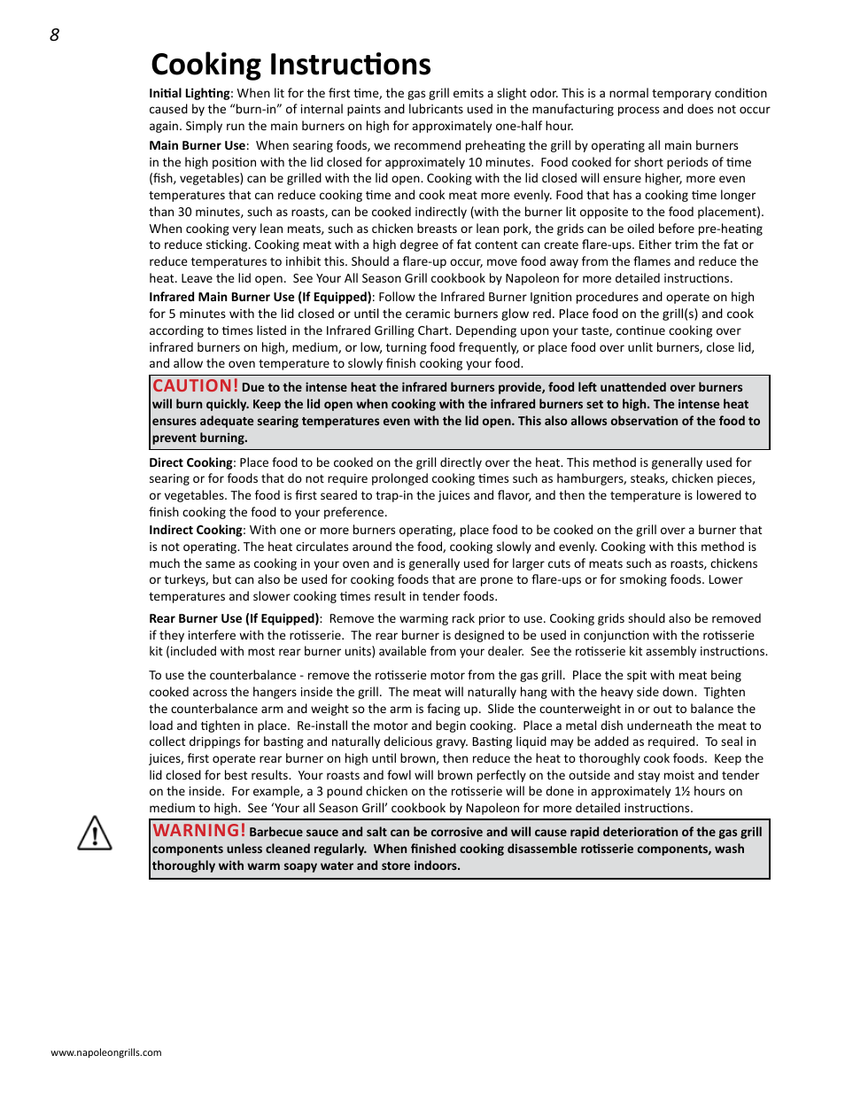 Cooking instructions, Warning, Caution | Napoleon Grills BIPRO 600 User Manual | Page 8 / 30