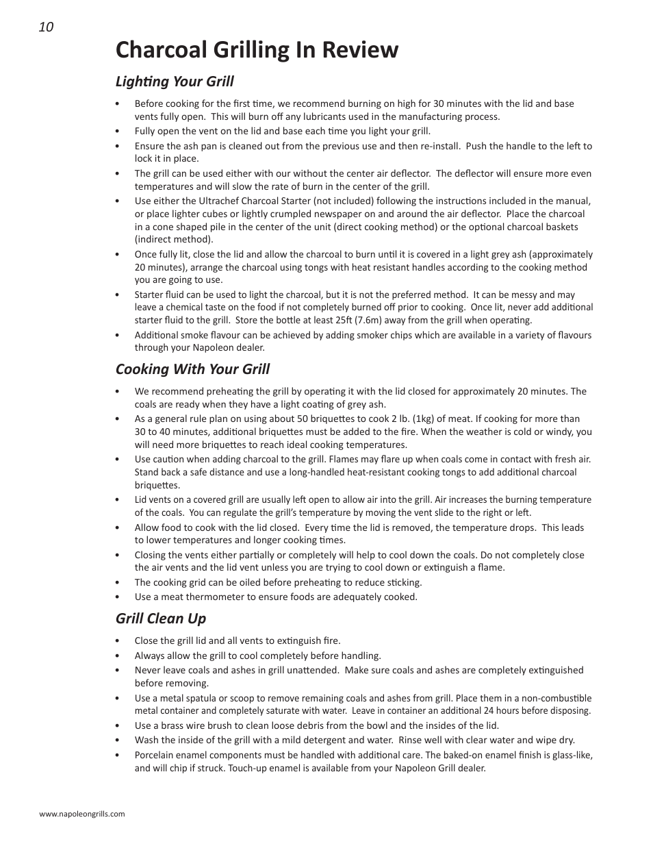 Charcoal grilling in review, Lighting your grill, Cooking with your grill | Grill clean up | Napoleon Grills NK22CK-L User Manual | Page 10 / 76