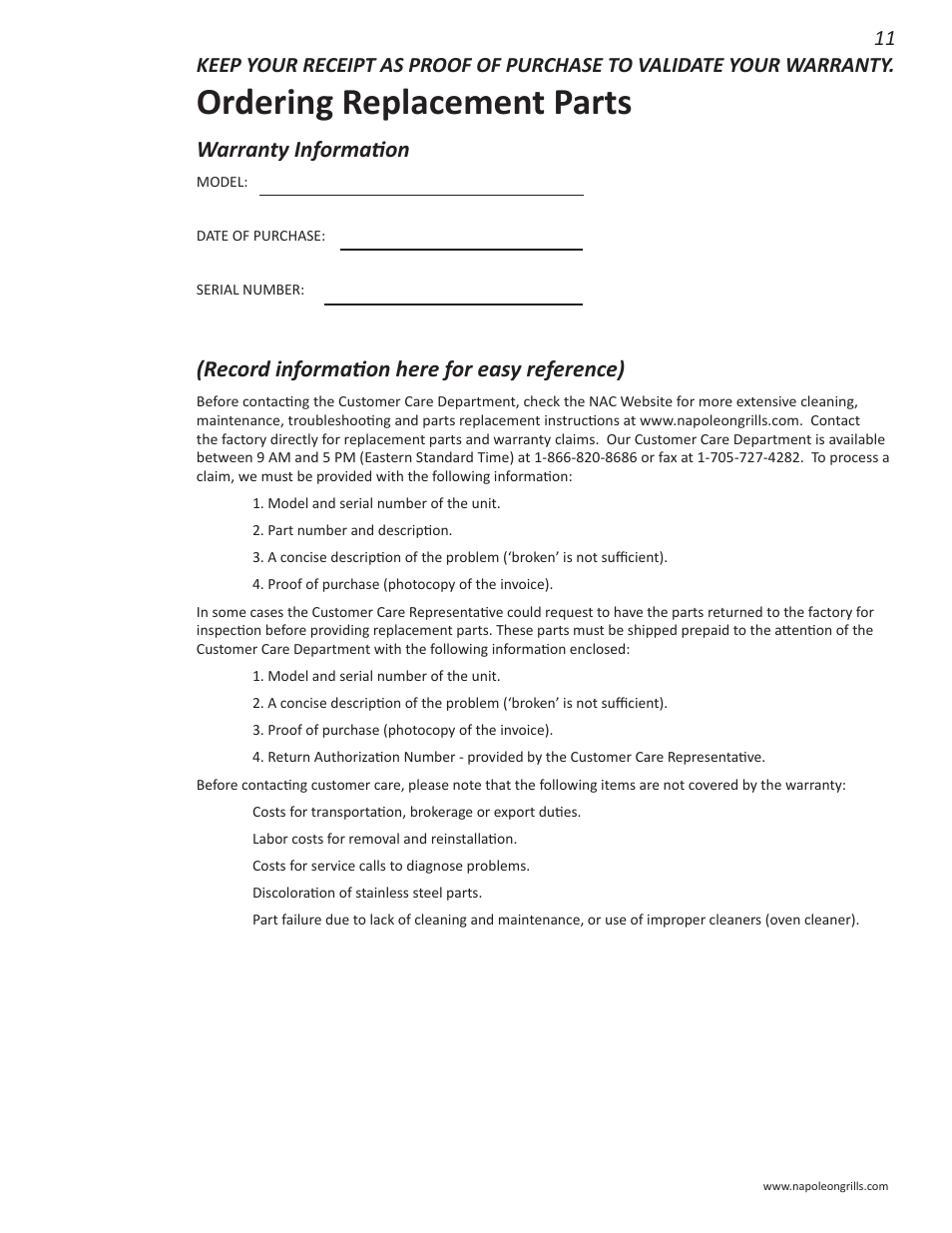 Ordering replacement parts, Warranty information, Record information here for easy reference) | Napoleon Grills NK22CK-L User Manual | Page 11 / 76