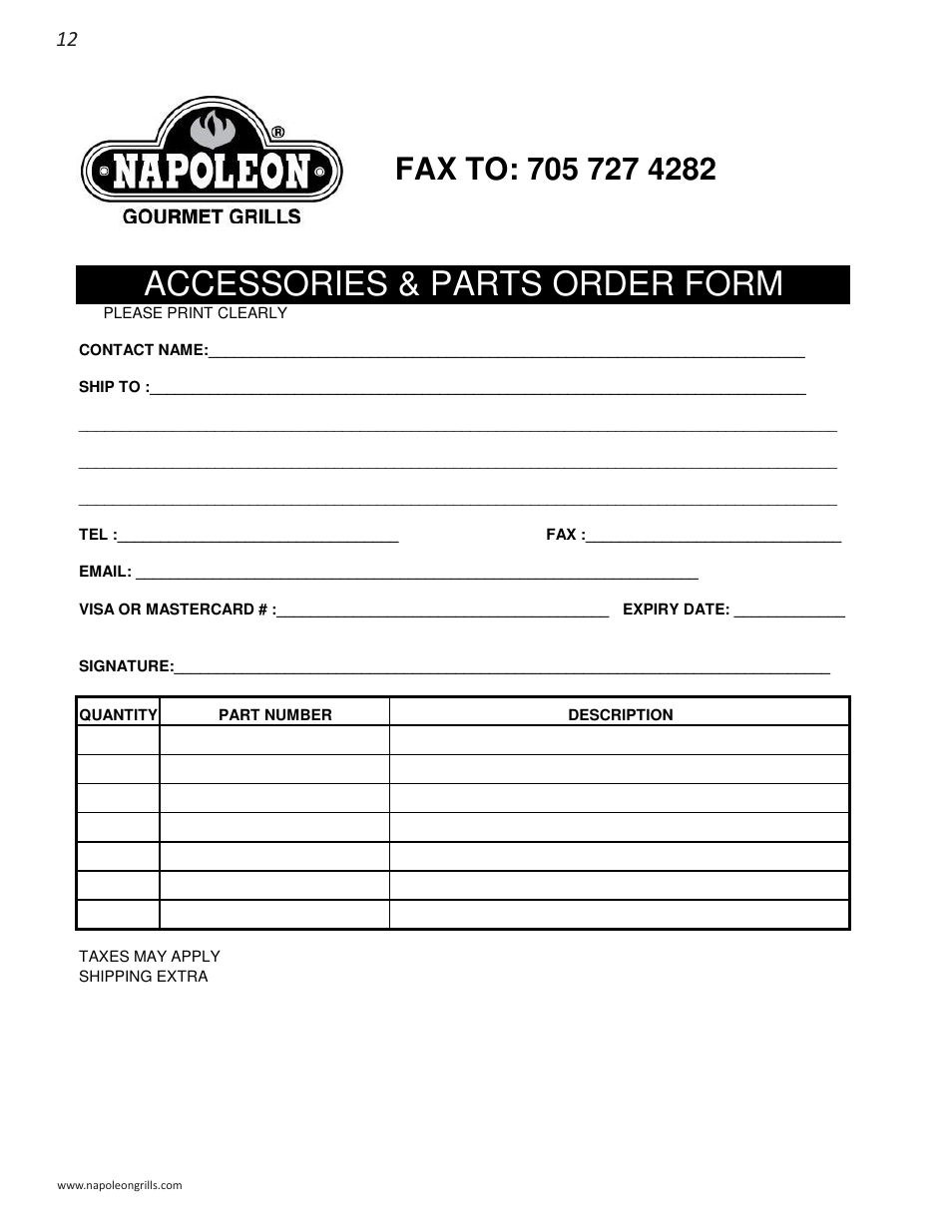 Accessories & parts order form | Napoleon Grills NK22CK-L User Manual | Page 12 / 76